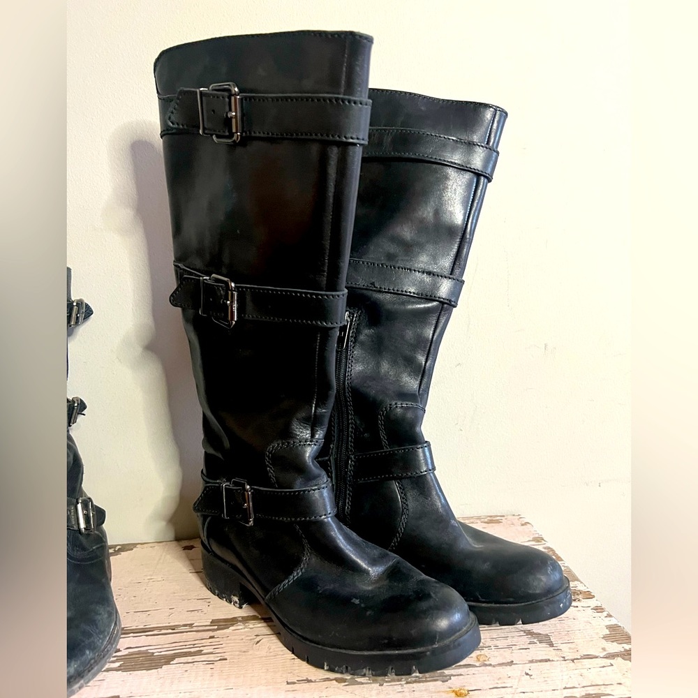 Karl Lagerfeld Black Leather Knee-High Riding Boots with Buckles